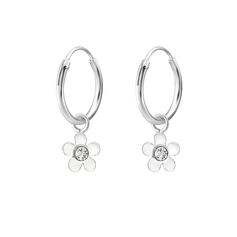 chic ear jackets -Children's Sterling Silver 'Flower with Crystal' Hoop Earrings