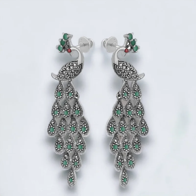 chic bar earrings -Green Dangle Peacock Earring For Women & Girls