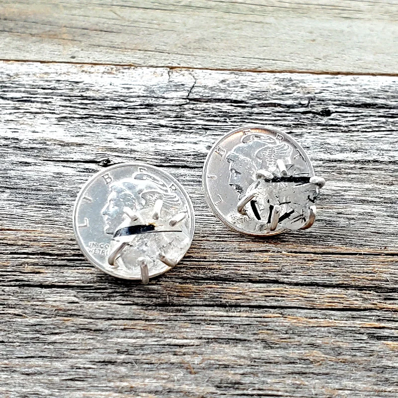 fashion crystal stud earrings -Tourmalinated Quartz Mercury Dime Stud Earrings