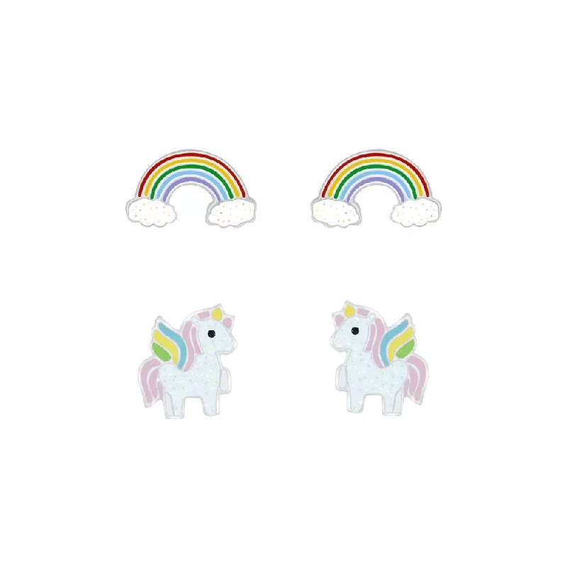 luxury statement earrings -Children's Sterling Silver Set of 2 Pairs of Sparkle Unicorn and Rainbow Stud Earrings