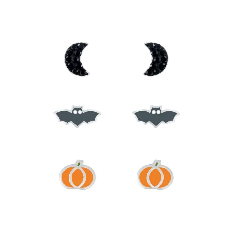 elegant crystal earrings -Children's Sterling Silver Set of 3 Pairs of Halloween Themed Stud Earrings