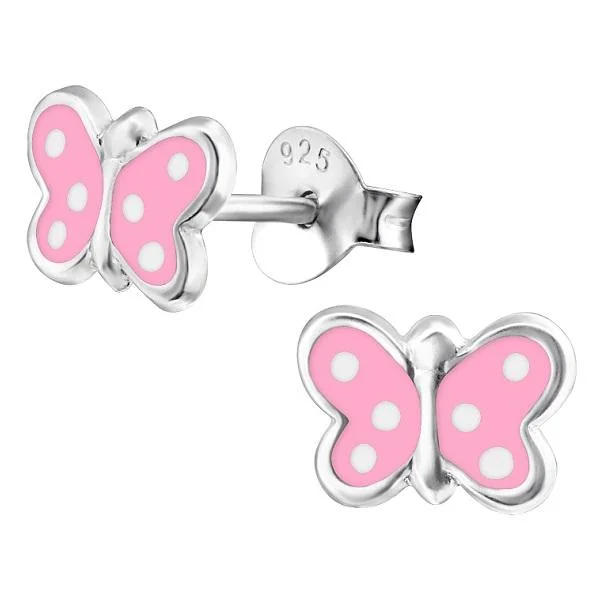 geometric hoop earrings -Children's Sterling Silver Spotty Pink Butterfly Stud Earrings