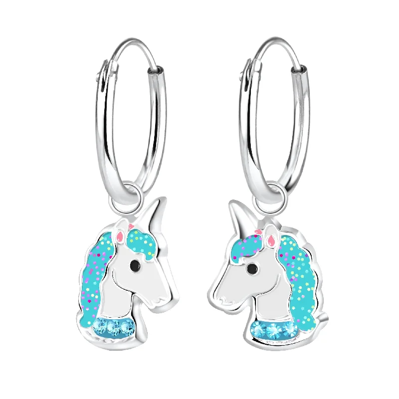 gold chandelier earrings -Children's Sterling Silver 'Blue Sparkle Unicorn' Hoop Earrings