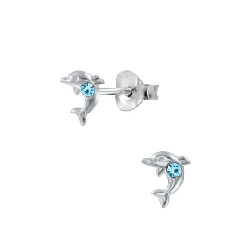 diamond earrings for women -Children's Sterling Silver 'December Birthstone' Dolphin Stud Earrings