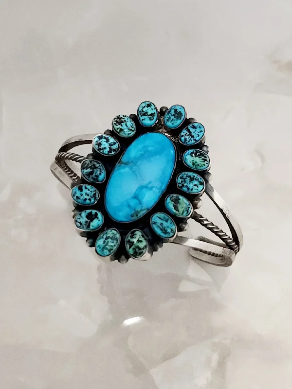 women’s bangles -Stamped Sterling Silver Turquoise Cluster Cuff Bracelet