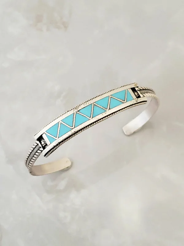 gold bracelets for women -Stamped Sterling Silver Turquoise Inlay Cuff Bracelet