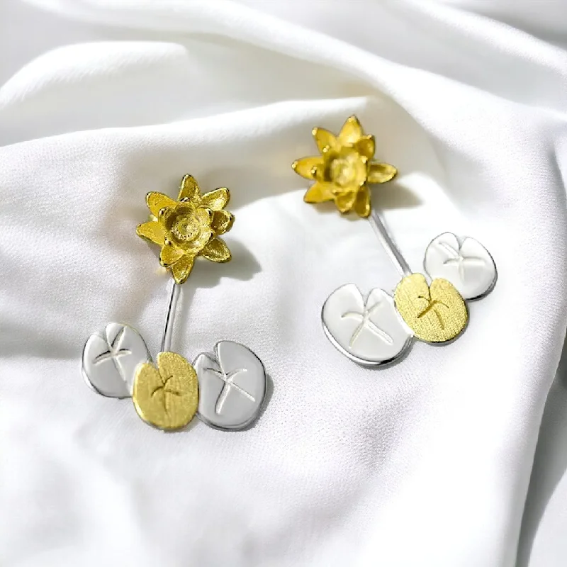 luxurious pearl earrings -Lotus Back Drop Earrings For Women & Girls