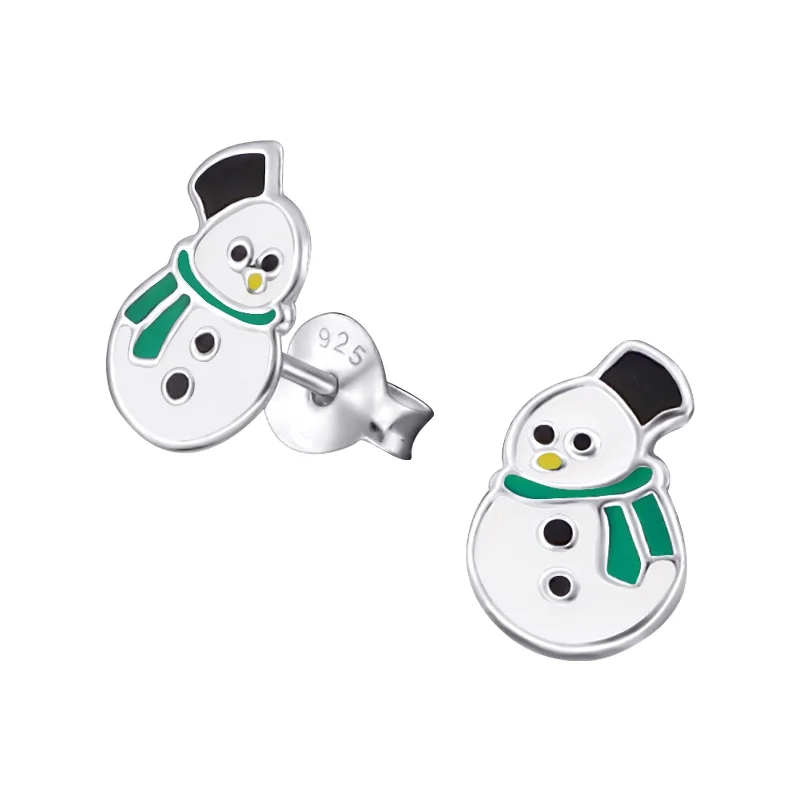 silver earrings for women -Children's Sterling Silver Christmas Snowman with Green Scarf Stud Earrings