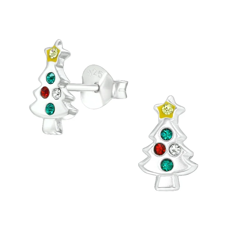 luxury ear cuffs -Children's Sterling Silver Diamante Christmas Tree Stud Earrings