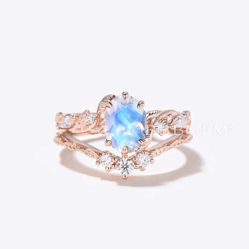 princess-cut diamond engagement rings -Oval Cut Moonstone Engagement Ring Rose Gold Leaf Diamond Bridal Set