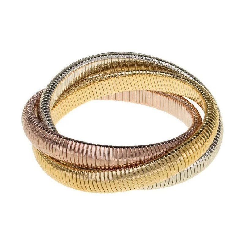 leather bangles for women -Triple Cobra Bracelet in Gold, Rhodium and Rose