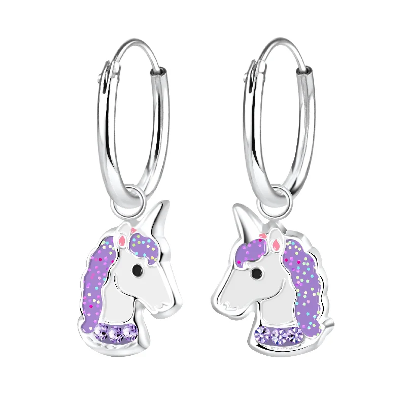 fashion diamond earrings -Children's Sterling Silver 'Purple Sparkle Unicorn' Hoop Earrings