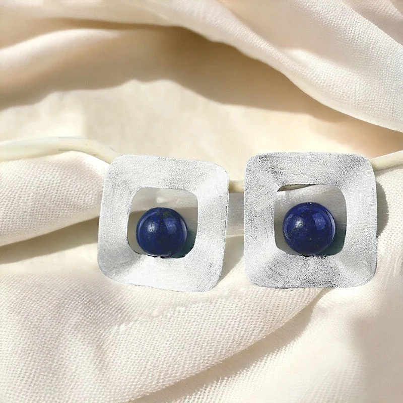 sterling silver earrings -Square and Blue Stud Earring For Women & Girls