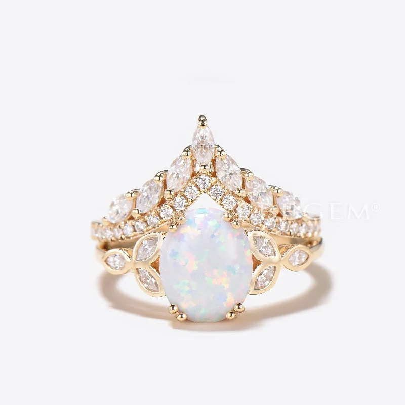 modern engagement rings -3ct Oval Cut White Opal Engagement Ring Diamond Cluster Bridal Set