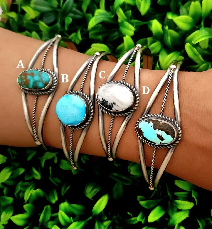 rose gold bangles for women -Stamped Sterling Silver Turquoise & White Buffalo Stone Cuff Bracelets