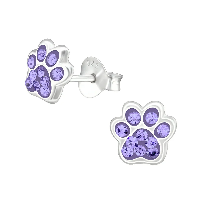 radiant cut earrings -Children's Sterling Silver 'Lilac Purple Sparkle Paw' Crystal Stud Earrings