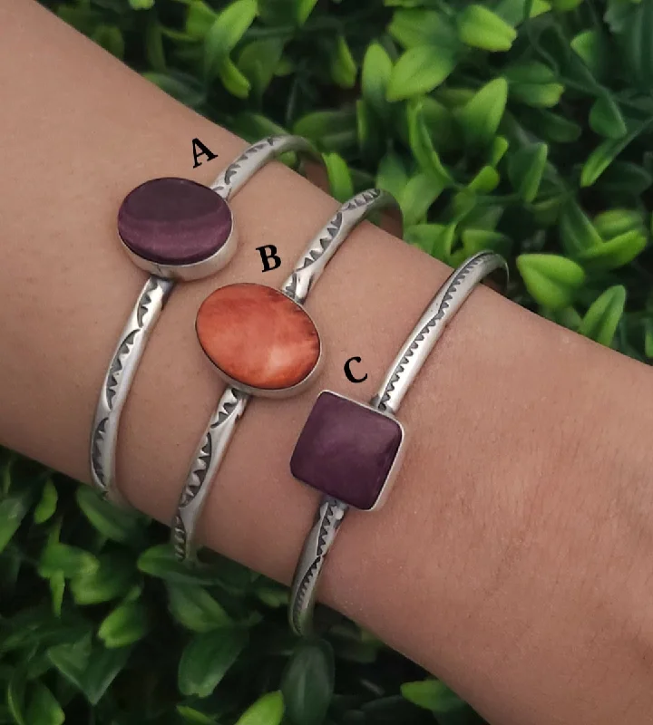 custom charm bangles for women -Stamped Sterling Silver Purple Spiny & Spiny Oyster Stacker Cuff Bracelets