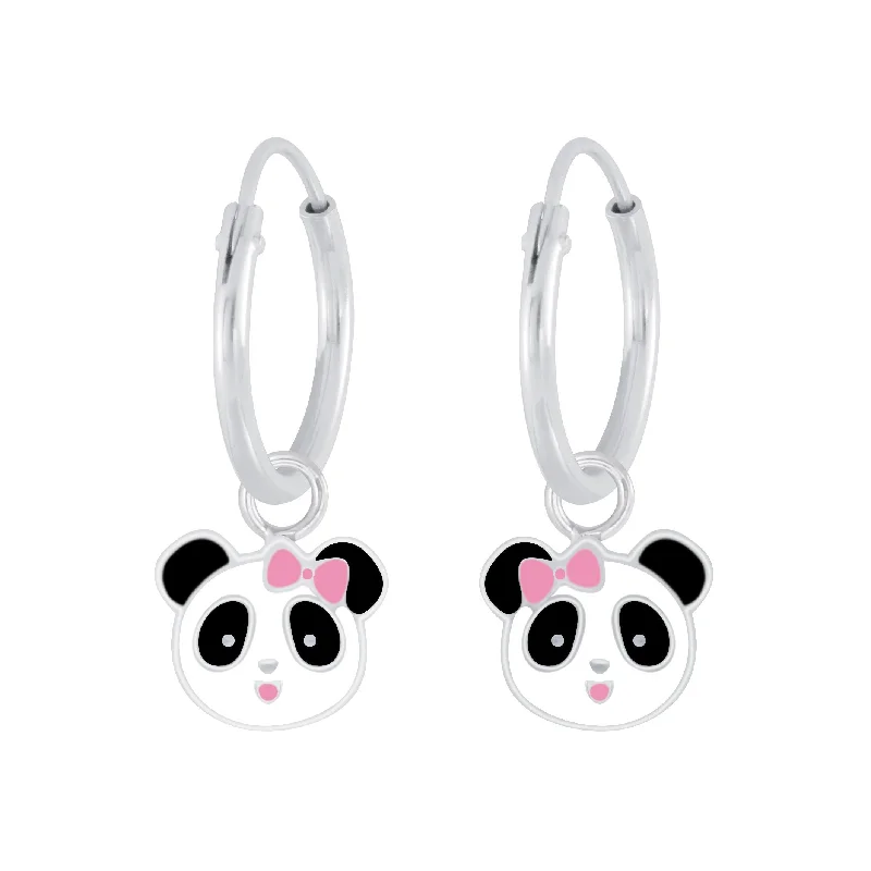 colorful gemstone earrings -Children's Sterling Silver 'Panda with Bow' Hoop Earrings