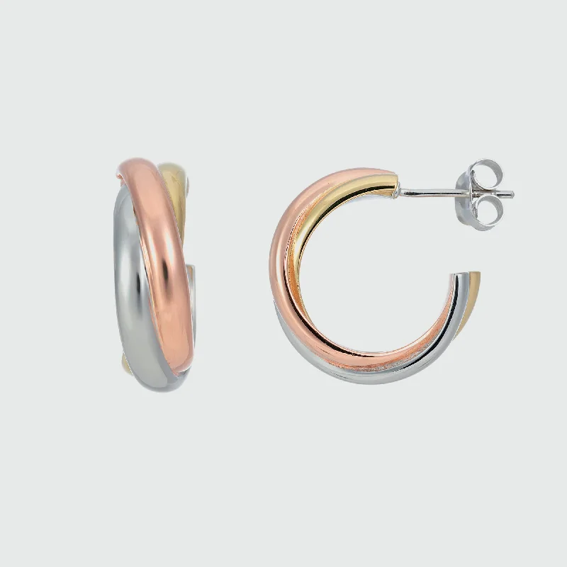 cute hoop earrings for women -Knightsbridge Three Colour Gold Vermeil Triple Hoop Earrings