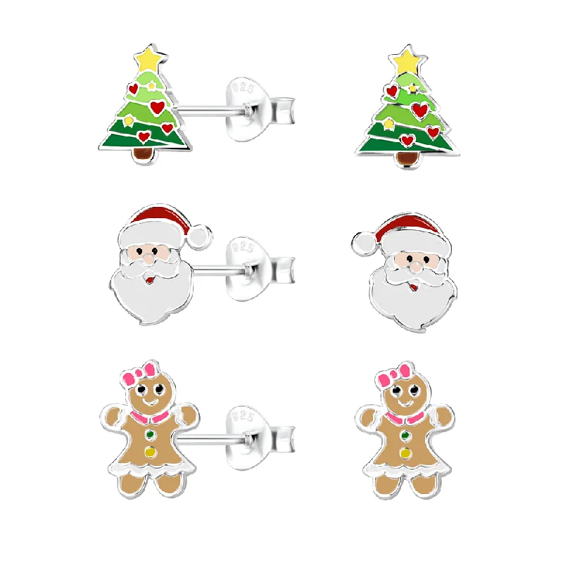 chic bar earrings -Children's Sterling Silver Set of 3 Pairs of 'Christmas is Coming' Themed Stud Earrings