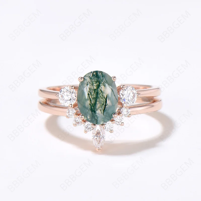 radiant cut engagement rings -Moss Agate Engagement Ring Gold Cluster Bridal Set