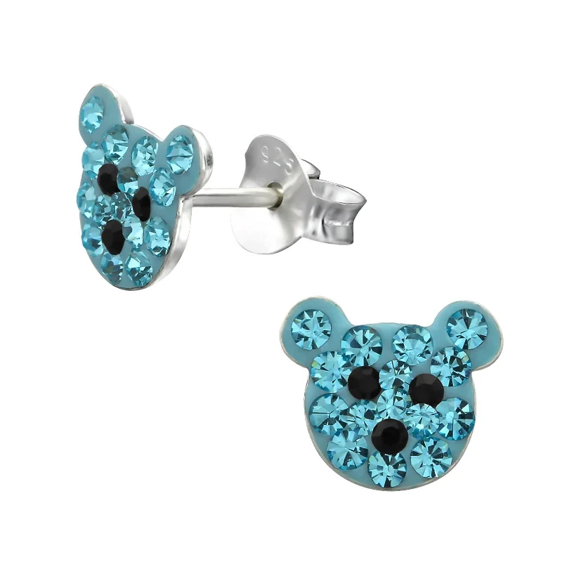 beautiful ear studs -Children's Sterling Silver Blue Crystal Teddy Bear Stud Earrings