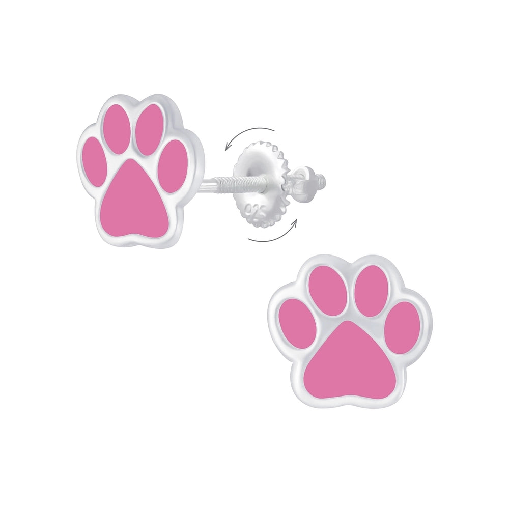 lightweight earrings for women -Children's Sterling Silver 'Pink Paw Print' Screw Back Stud Earrings