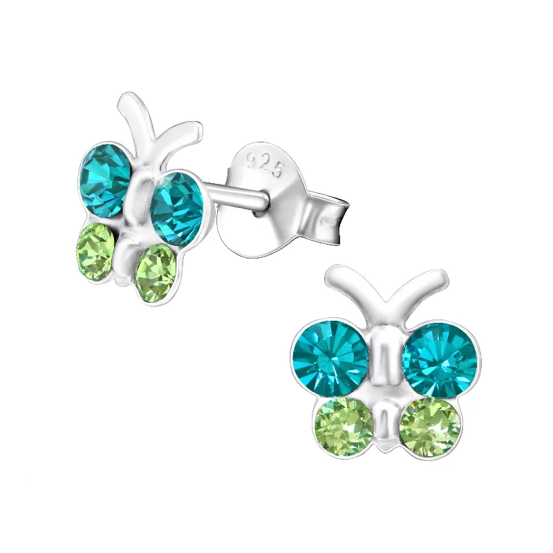 large hoop earrings -Children's Sterling Silver Blue and Green Diamante Butterfly Stud Earrings