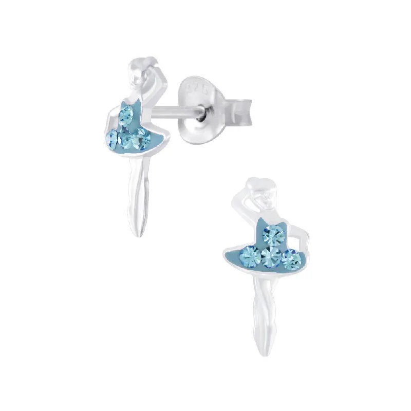 fashion earrings for women -Children's Sterling Silver Ballerina With Blue Diamante Dress Stud Earrings