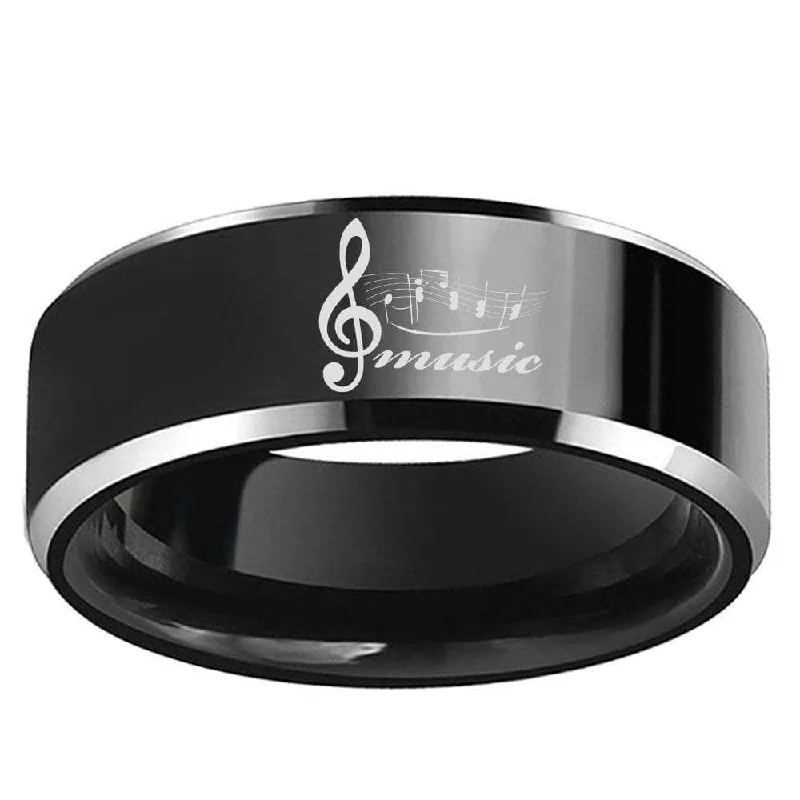 radiant cut engagement rings -Black Tungsten Wedding Ring with Custom Engraved Musical Note