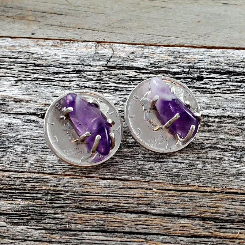 chic gold drop earrings -Dog Tooth Amethyst Mercury Dime Stud Earrings