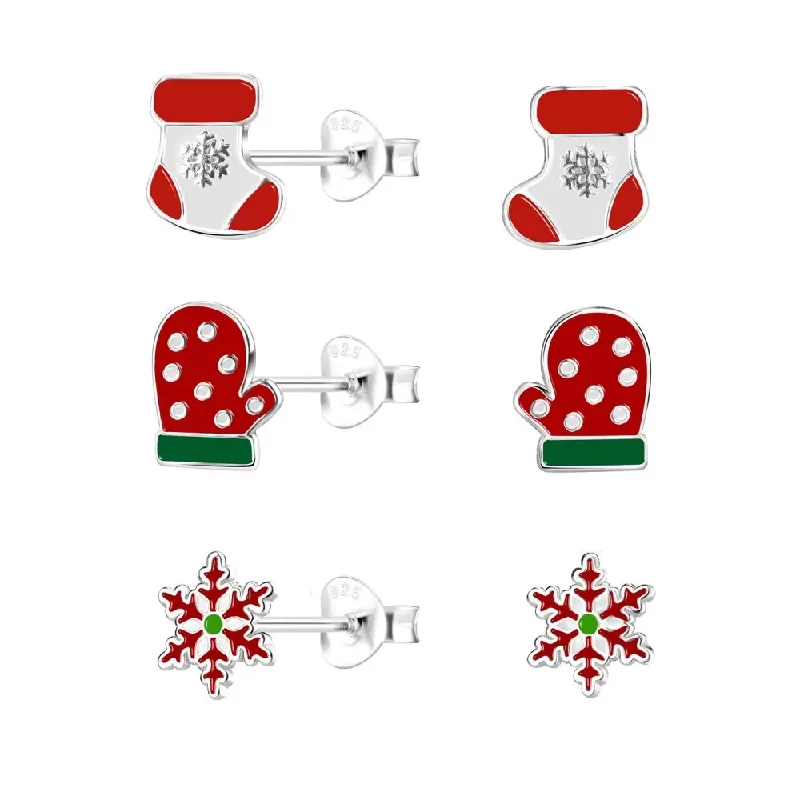 affordable silver earrings -Children's Sterling Silver Set of 3 Pairs of Christmas Holiday Themed Stud Earrings