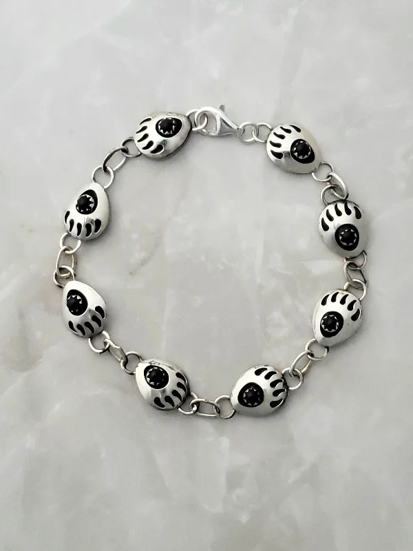 simple bangle bracelets for women -Sterling Silver Black Onyx Bear Paw Bracelet