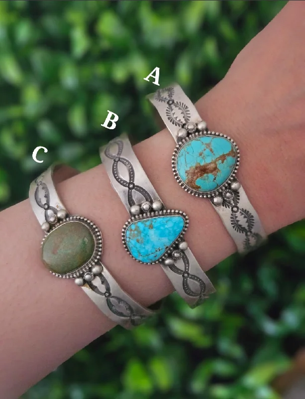 beaded bangles for women -Stamped Sterling Silver Turquoise Cuff Bracelets