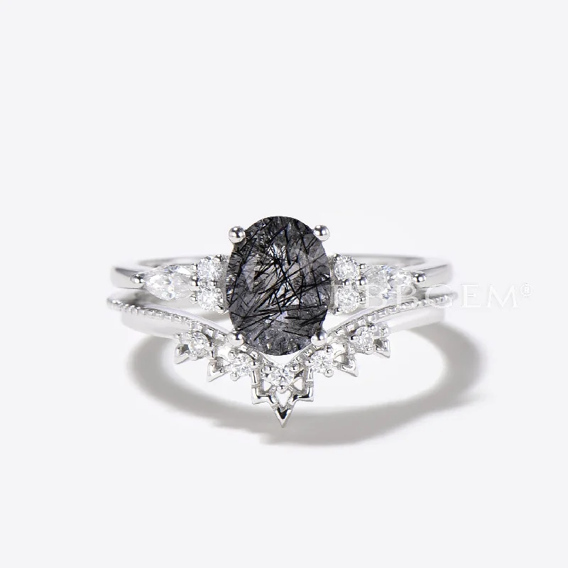 gold diamond engagement rings -Oval Black Rutilated Quartz Engagement Ring White Gold Moissanite Bridal Set