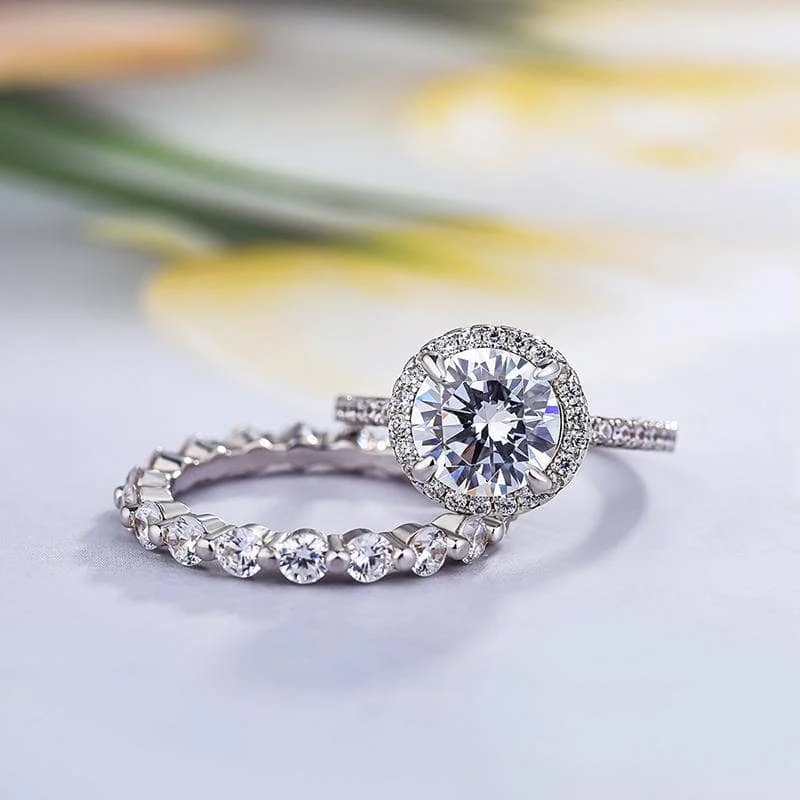 affordable diamond engagement rings -White Gold Wedding Ring Set in 2 carat Stunning Halo Round Cut Simulated Diamond