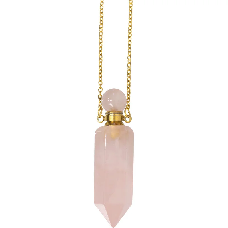 gemstone necklaces for women -1.75" Gemstone Point Pendant Perfume Bottle Necklace - Rose Quartz