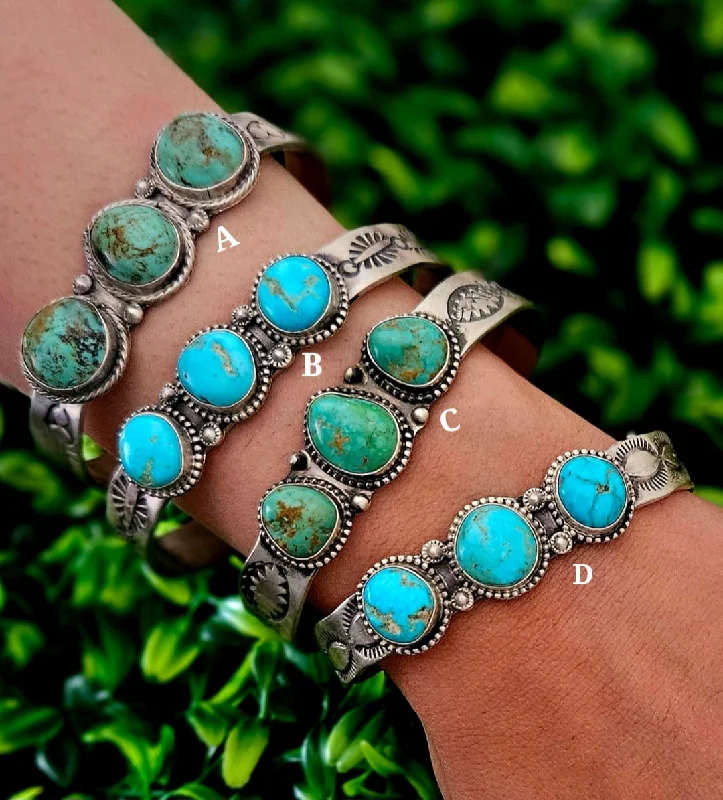 trendy bracelets for women -Stamped Sterling Silver Turquoise 3 Stone Cuff Bracelets