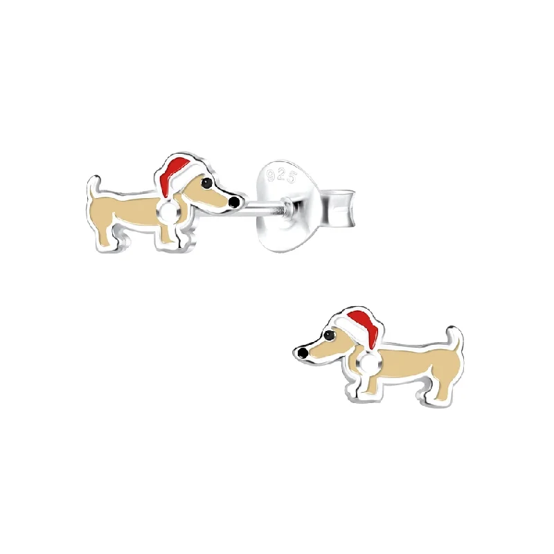 lightweight earrings for women -Children's Sterling Silver Christmas Sausage Dog / Dachshund Stud Earrings