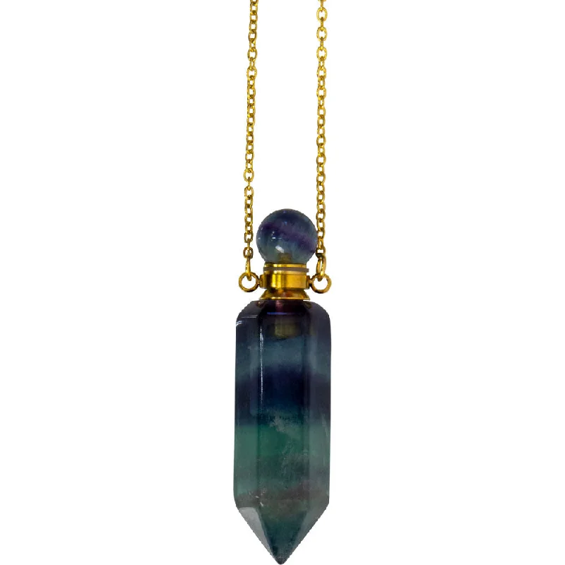 designer necklaces for women -1.75" Gemstone Point Pendant Perfume Bottle Necklace - Rainbow Fluorite