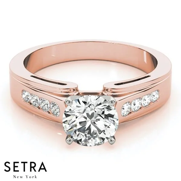 radiant halo engagement rings -18K FINE PINK GOLD ROUND CUT DIAMONDS PETITE ENGAGEMENT RING