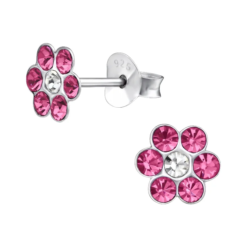 stylish earrings for women -Children's Sterling Silver Pink Diamante Flower Stud Earrings