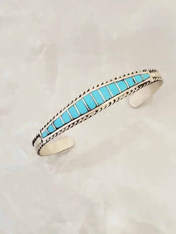 colorful bangles for women -Stamped Sterling Silver Turquoise Inlay Cuff Bracelet