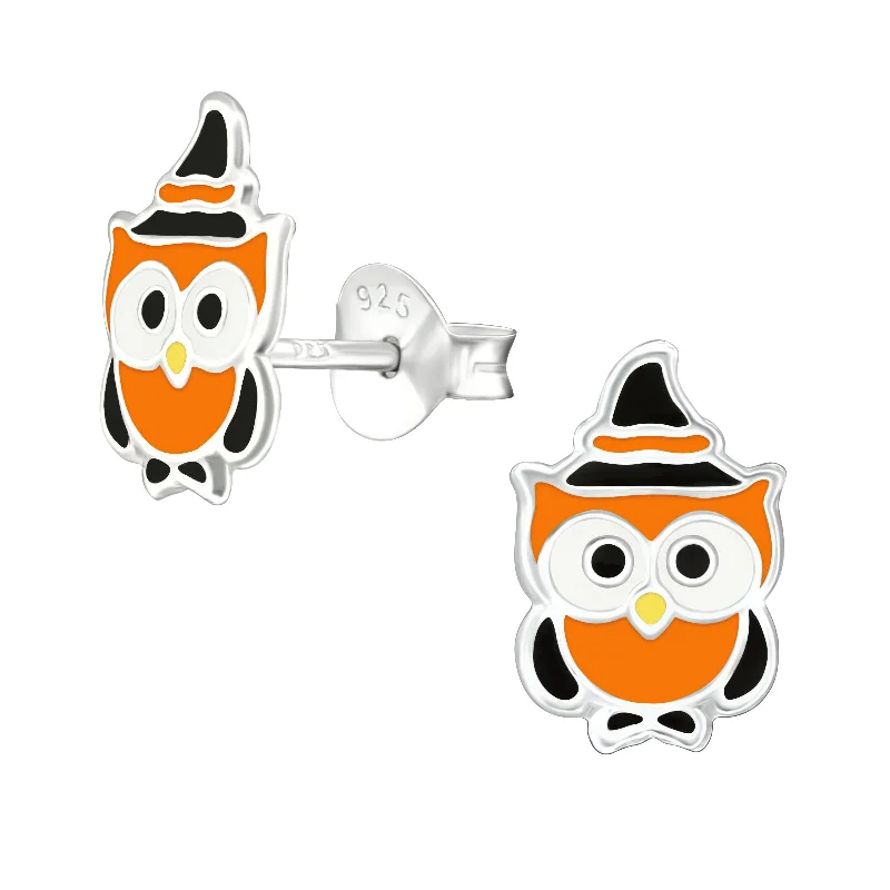 stud earrings for women -Children's Sterling Silver Halloween Owl Stud Earrings