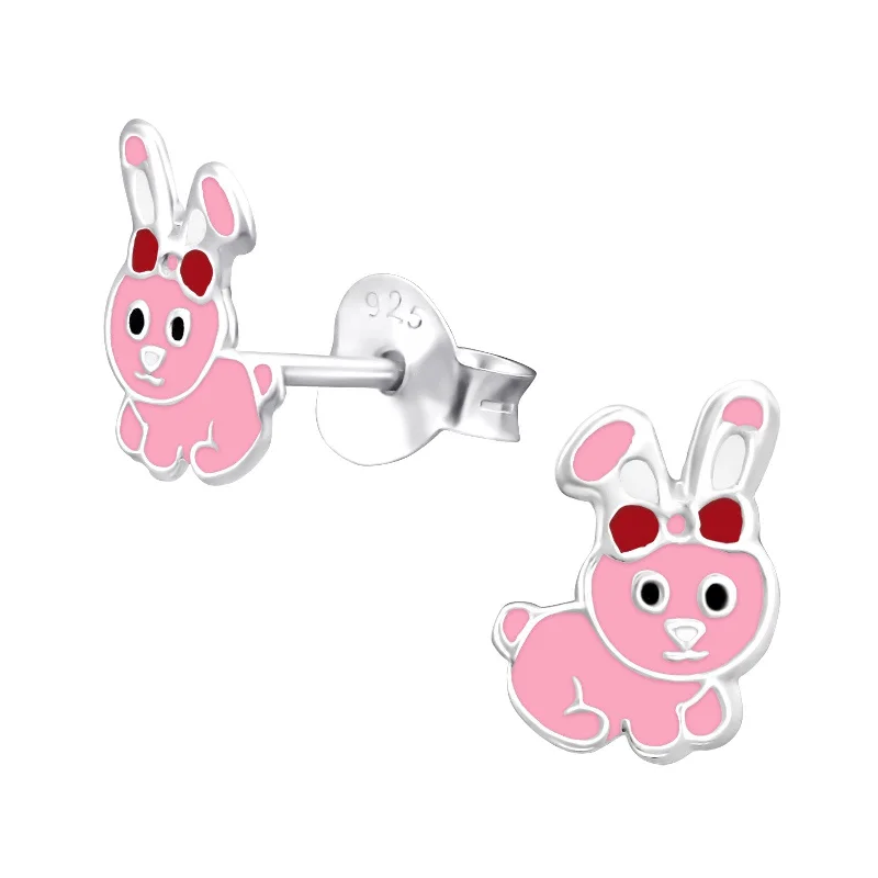 geometric hoop earrings -Children's Sterling Silver 'Pretty Pink Bunny Rabbit' Stud Earrings