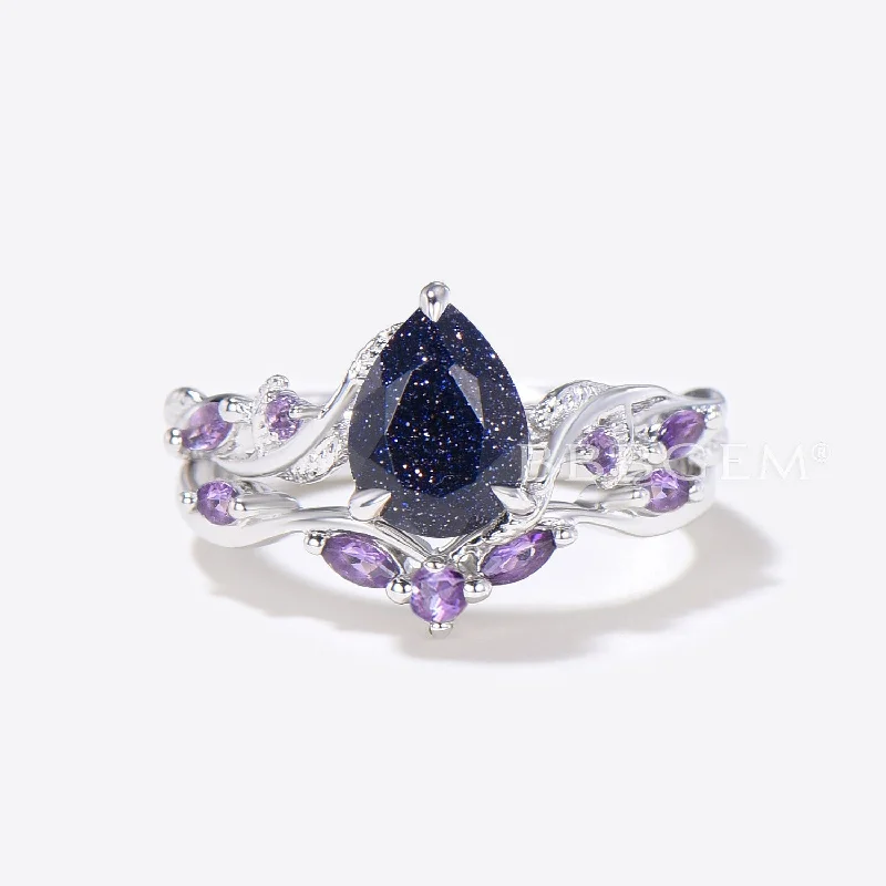 round-cut engagement rings -Twig Leaf Pear Blue Sandstone Ring Set Cluster Amethyst Ring