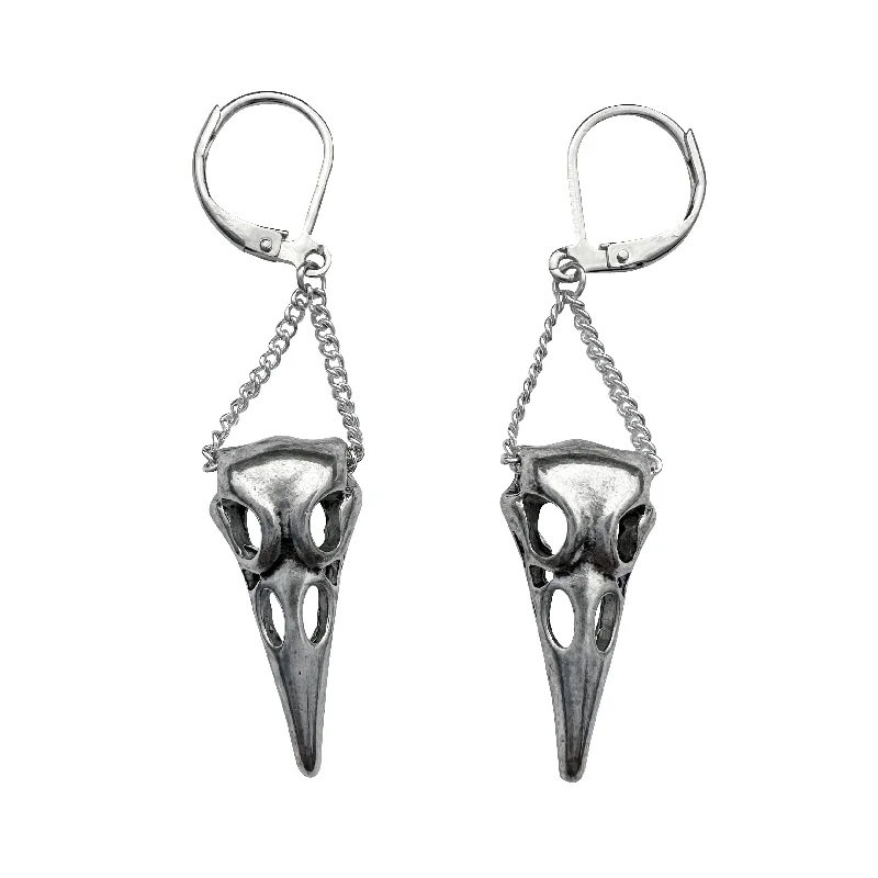 large stud earrings -Silver Hanging Raven Skull Leverback Earrings