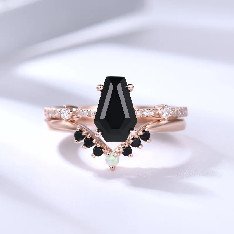 modern diamond engagement rings -Black Onyx Coffin Gothic Engagement Ring Set Opal Stacking Ring