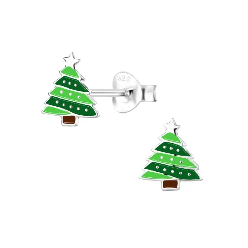 fashion earrings for women -Children's Sterling Silver Green Christmas Tree Stud Earrings