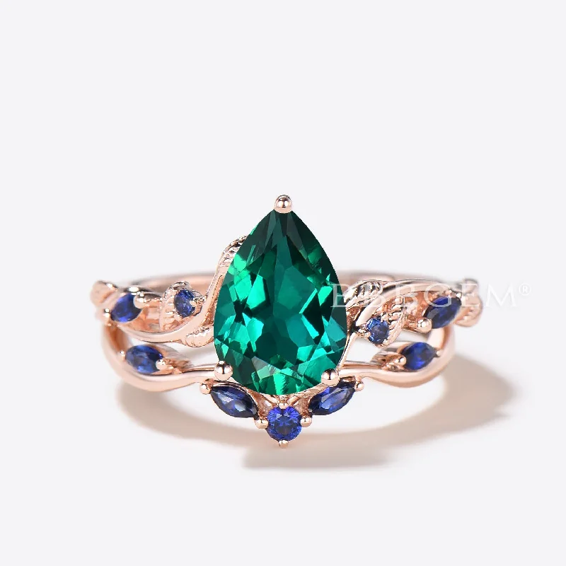 affordable engagement rings for brides -Teardrop Green Emerald Engagement Ring Nature Inspired Emerald Sapphire Bridal Ring